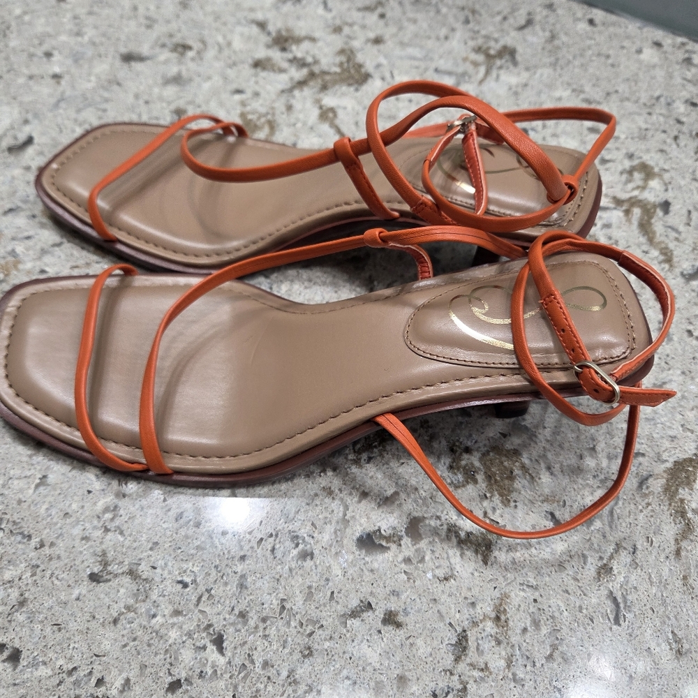 NEW Sam‎ Edelman Orange Tan Strappy Sandals 9.5 Summer Sexy Short Heel - Picture 2 of 14